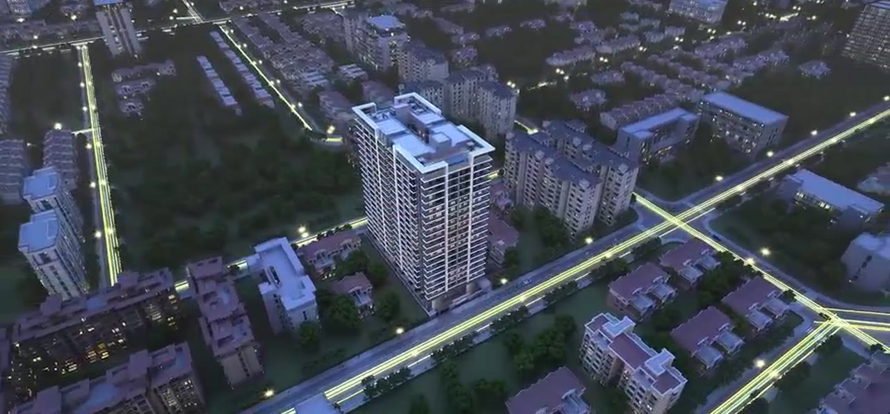 Aerial view of Berkeley Residency among Westlands streets at night