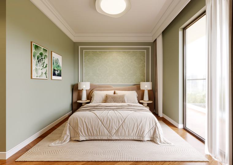 Bedroom with panelled sage wall and full-height balcony door