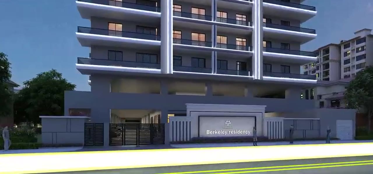 Berkeley Residency tower and gated entrance at dusk