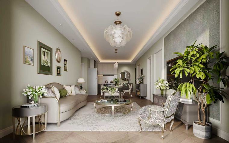 Living room with shell chandelier, curved sofa and dining area