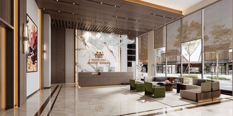 Double-height lobby lounge with marble reception wall and seating by tall windows