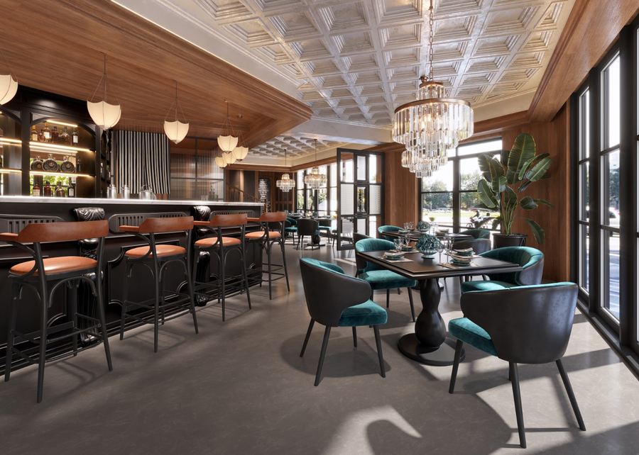Restaurant and bar with timber panelling, coffered ceiling and crystal chandeliers