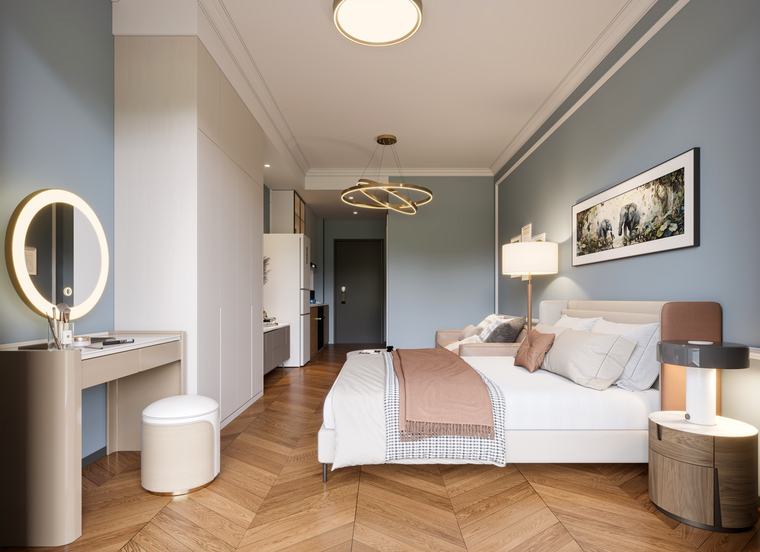 Bedroom with blue-grey walls, dressing table and fitted wardrobes