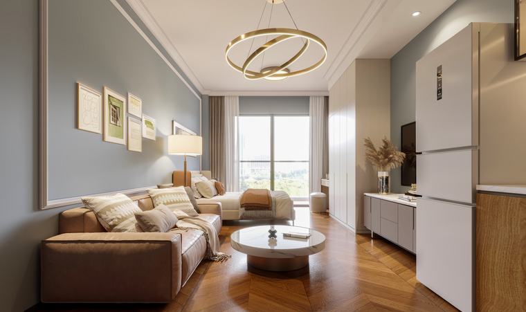 Open-plan room with sofa, bed and tall window