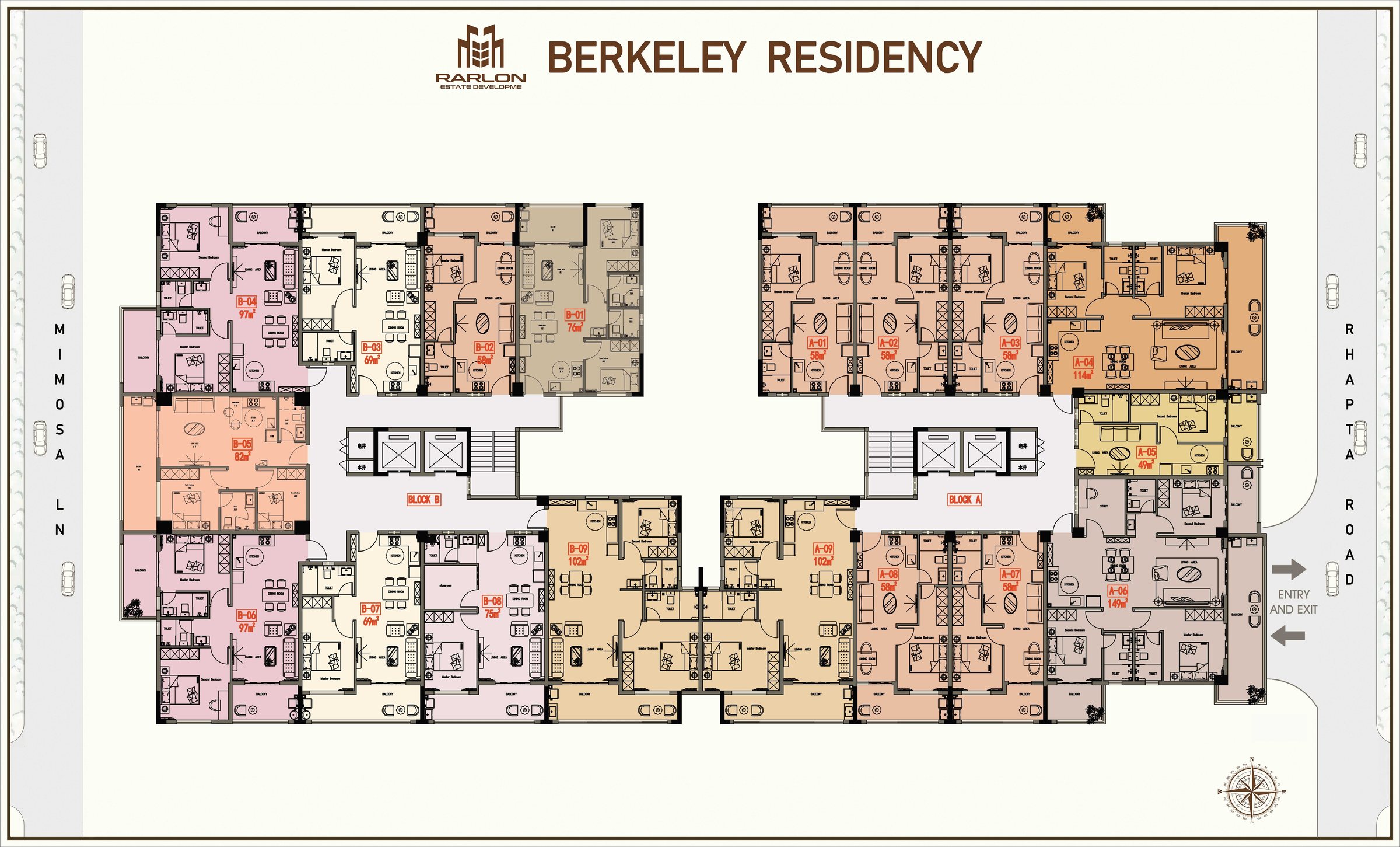 Typical floor plan showing 18 residences across Block A and Block B, with Rhapta Road and Mimosa Lane on either side